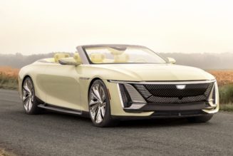 Cadillac’s extra-long, extra-yellow EV has a fridge in the back seat