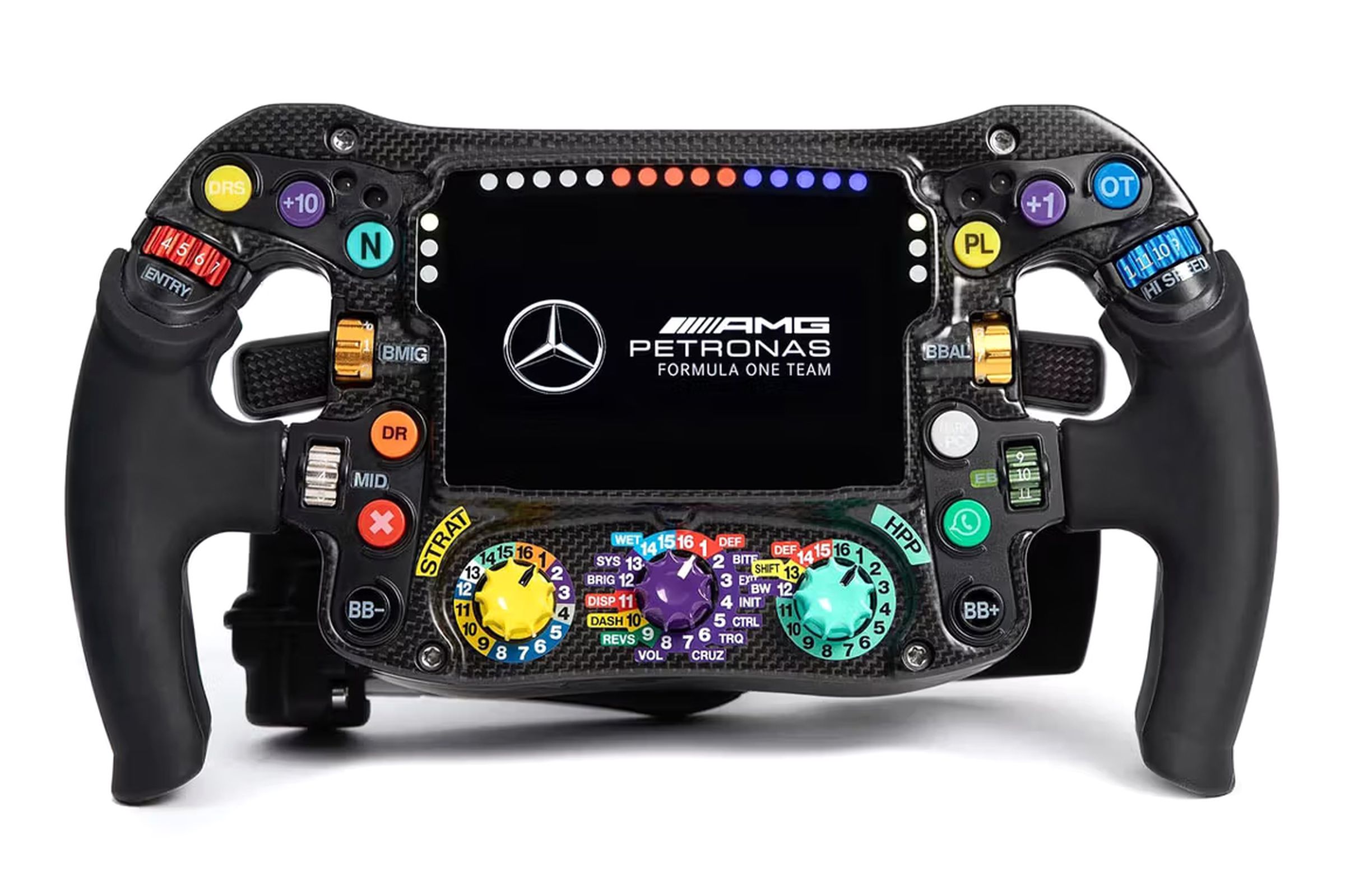 Sim-Lab’s Mercedes-AMG Petronas Formula One Team Sim Racing Steering Wheel against a white background.