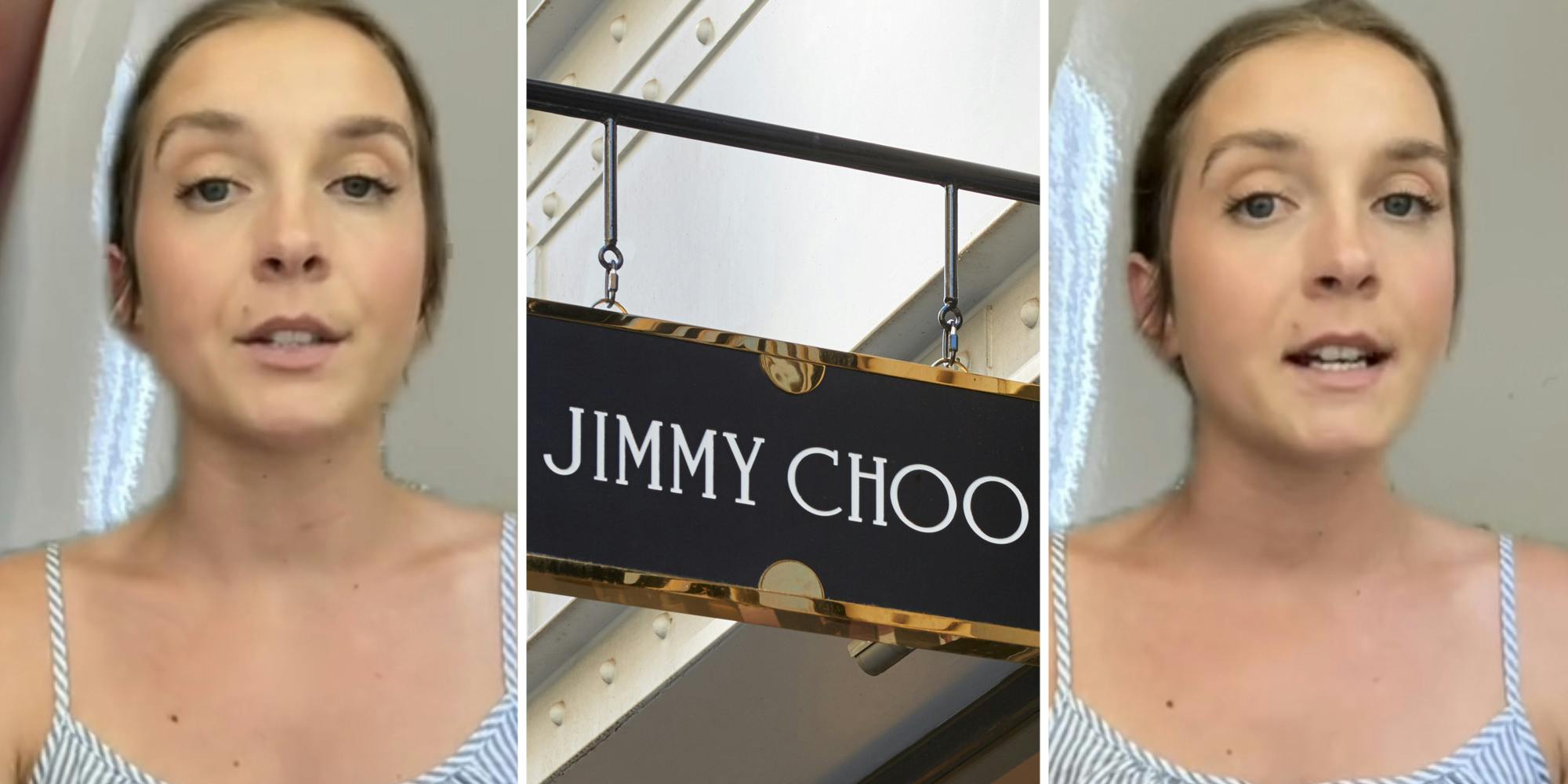 Woman talking(l+r), Jimmy Choo sign(c)