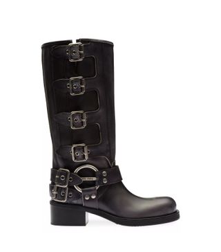 Miu Miu , Stivali Variante Fondo 50MM Leather Block-Heel Boots in Nero