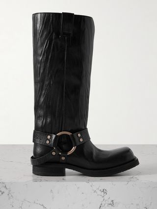 Black Embellished Crinkled-Leather Knee Boots