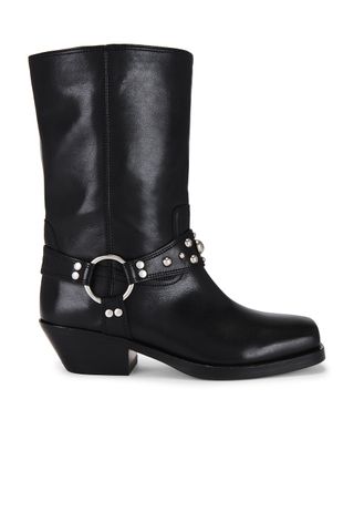 black block-heel boots with silver buckle detail