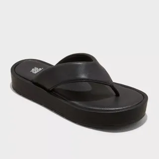 Black faux-leather flip-flop sandals