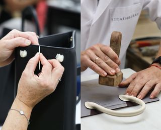 two side-by-side images showing the process of making a Strathberry bag by hand