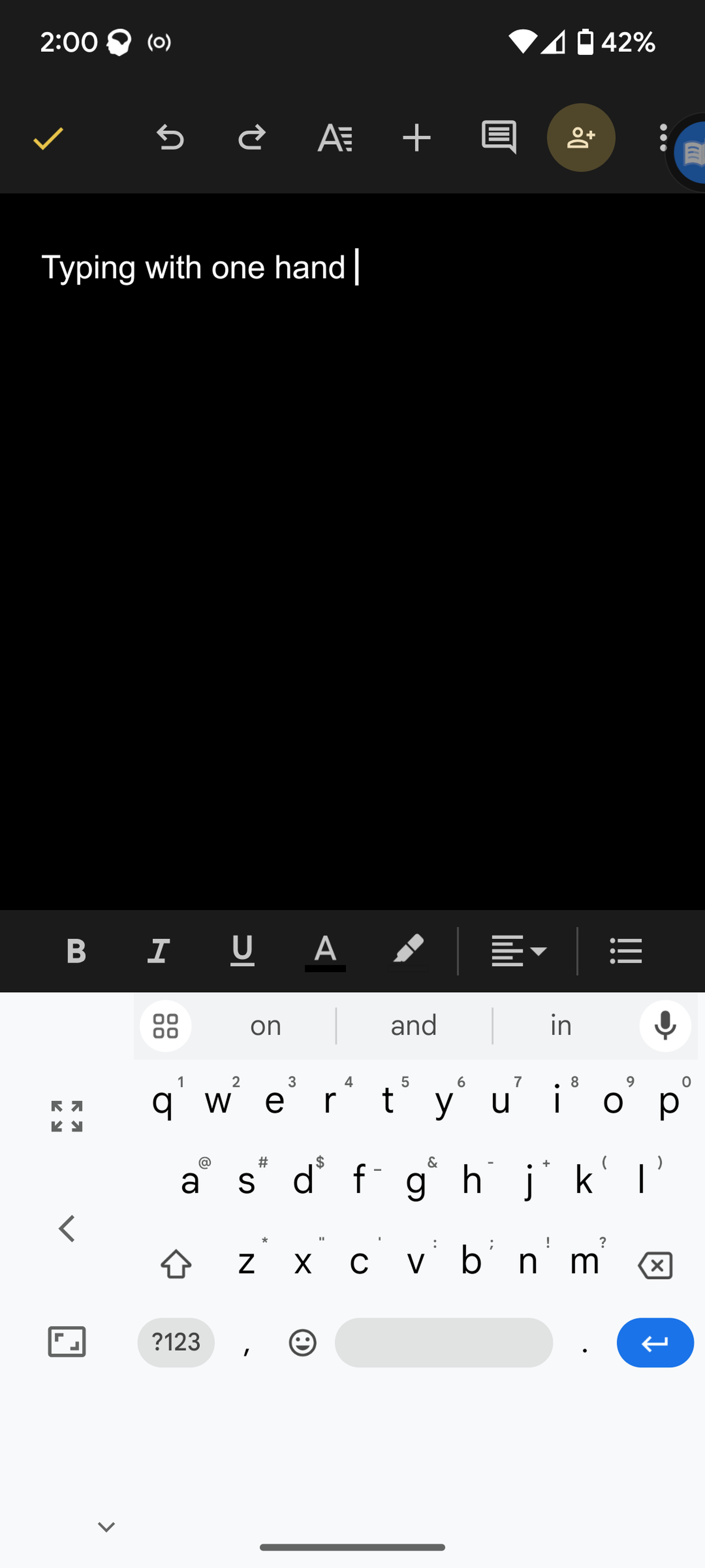 Google Docs on mobile screen with keyboard at bottom pushed toward the right.