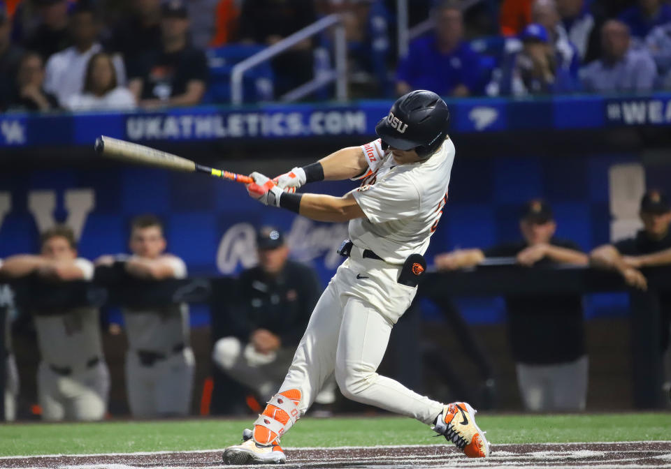 LEXINGTON, KY - JUNE 09: Oregon State infielder Travis Bazzana (37) in an NCAA super regional game between the Oregon State Beavers and the Kentucky Wildcats on June 9, 2024, at Kentucky Proud Park in Lexington, KY. (Photo by Jeff Moreland/Icon Sportswire via Getty Images)