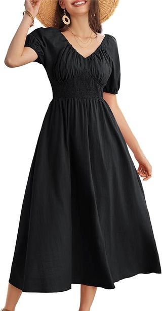 Grace Karin Women Funeral Black Dresses Short Puff Sleeve Smock Ruched High Waist Plus Size Maternity Dress for Evening Party Prom Xl Size 20