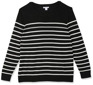 Amazon Essentials Women's Long-Sleeve Lightweight Crewneck Sweater (available in Plus Size), Black Grey White Stripe, Medium