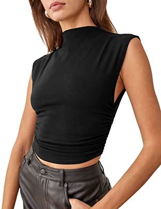 Kamissy Cotton Sleeveless Mock Neck Crop Tops for Women Causal Ruched Summer Going Out Tank Tops Elegant Crop Vest Black M