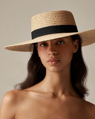 Wide-Brim Boater Hat With Ribbon Ties