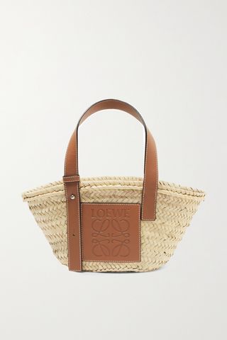 Small Leather-Trimmed Woven Raffia Tote