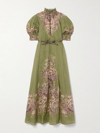 Ottie Belted Leather-Trimmed Floral-Print Ramie Maxi Dress