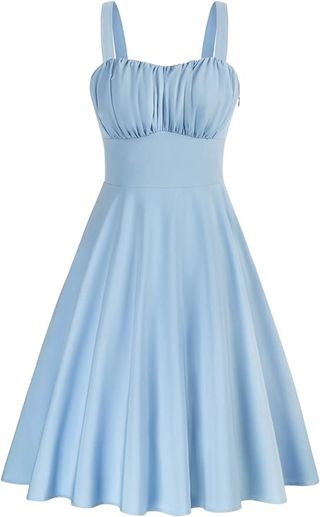 Vintage Sleeveless Dresses for Women 1940s Knee Length Ruched Summer Midi Dress Light Blue Summer Dress Small