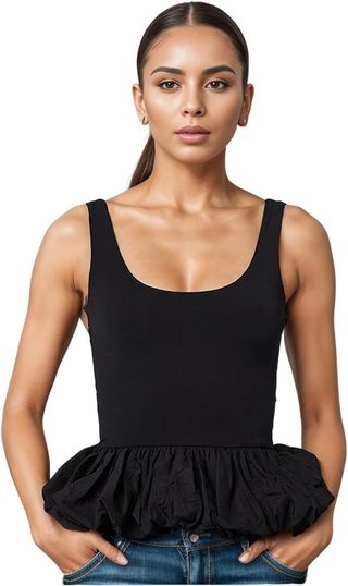 Dikgrop Tank Going Out Crop Tops for Women Sleeveless Ruffle Hem Casual Backless Fashion Solid Crop Tank Top Black