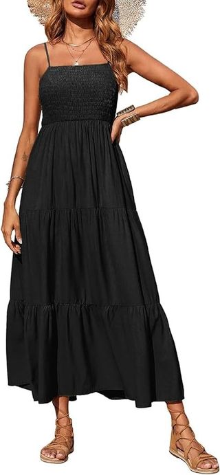 Prettygarden Women's Summer Maxi Dress 2024 Casual Boho Sleeveless Spaghetti Strap Smocked Tiered Long Beach Sun Dresses (black,xl)