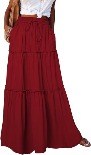 Earkoha Womens Casual High Waist Tiered Paisley Print Long Maxi Skirt With Pockets Red Xl