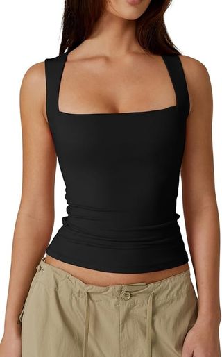 Qinsen Women's Square Neck Sleeveless Double-Layer Tank Tops Basic Tight T Shirts Black L