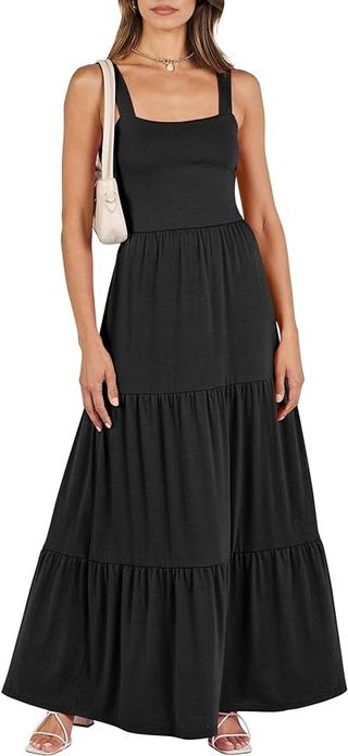 Anrabess Summer Maxi Dresses for Women 2024 Casual Long Beach Vacation Dress Flowy Sleeveless Square Neck Tiered a Line Smocked Sun Dresses With Pockets Black