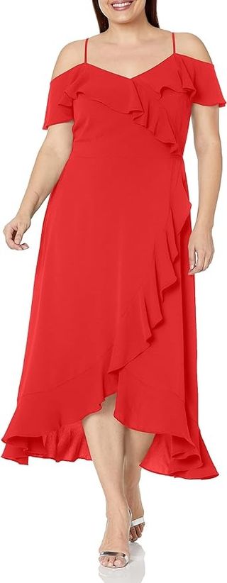 London Times Women's Cold Shoulder Hi-Low Maxi Dress With Feminine Ruffle Occasion Guest of Mother of the Bride, Lollipop