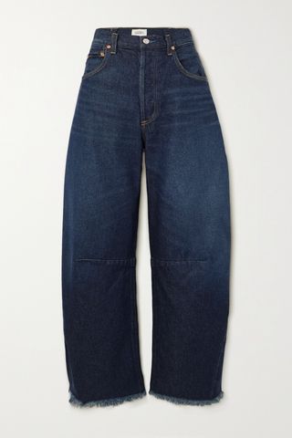 Horseshoe Frayed High-Rise Wide-Leg Jeans