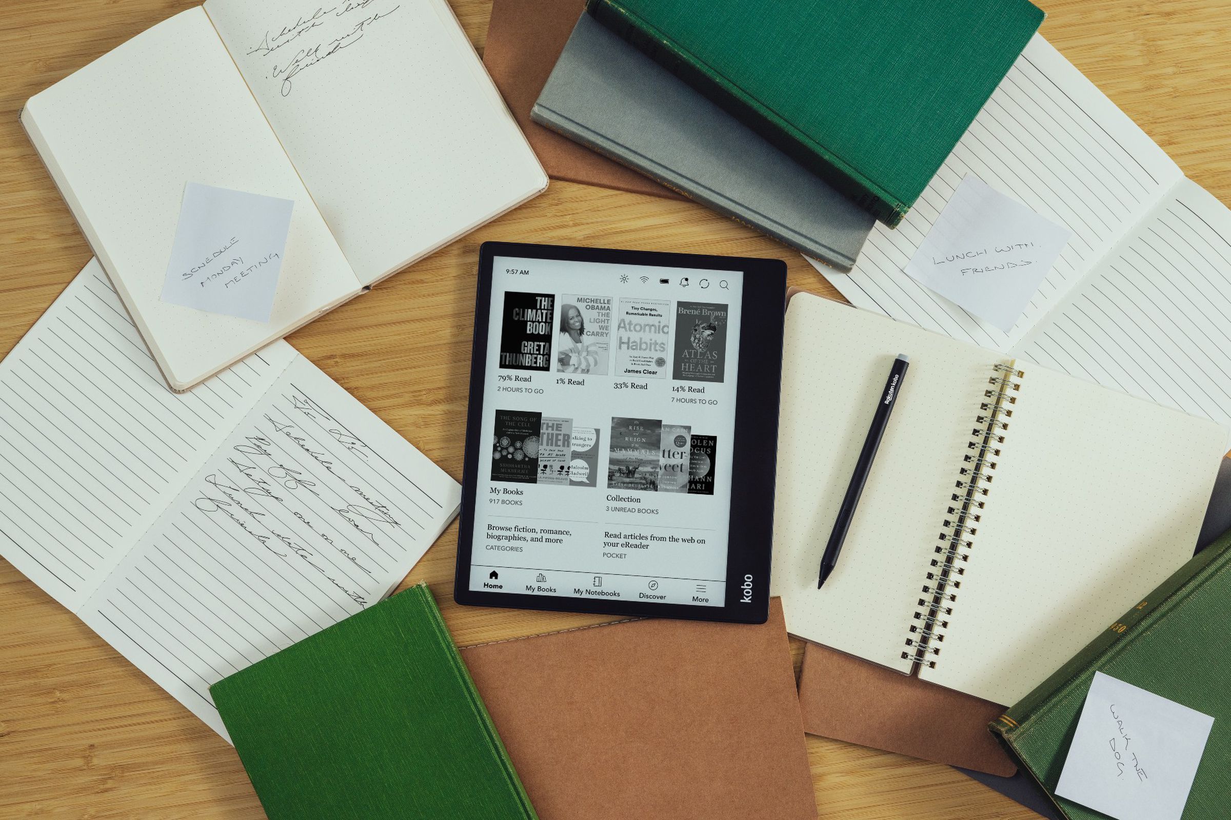 The new Kobo Elipsa 2E on a desk surrounded by papers.