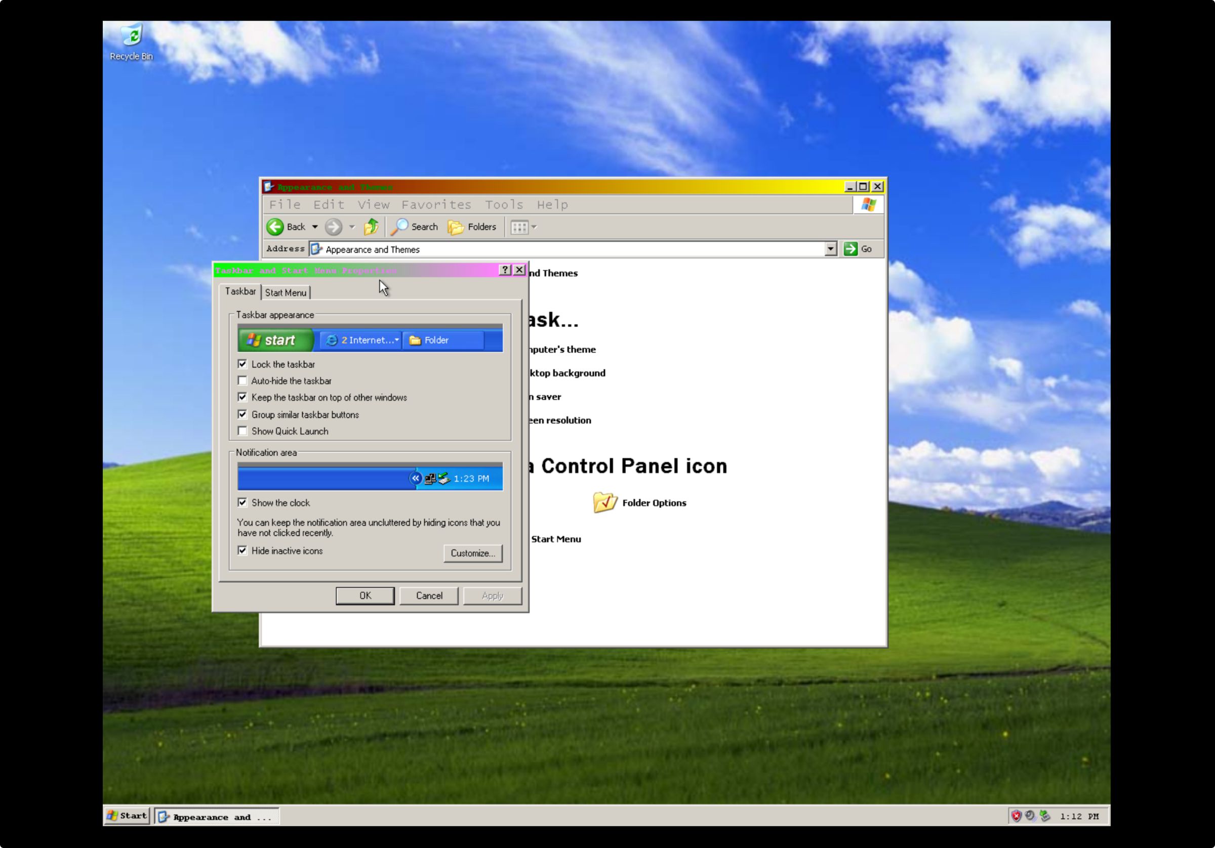 Screenshot showing Windows XP with obnoxious colors and fonts instead of the defaults.