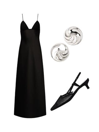 A black dress, silver earrings, and black shoes.