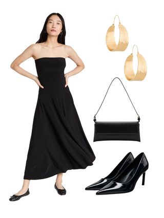 A woman wearing a black dress, gold earrings, a black bag, and pumps.