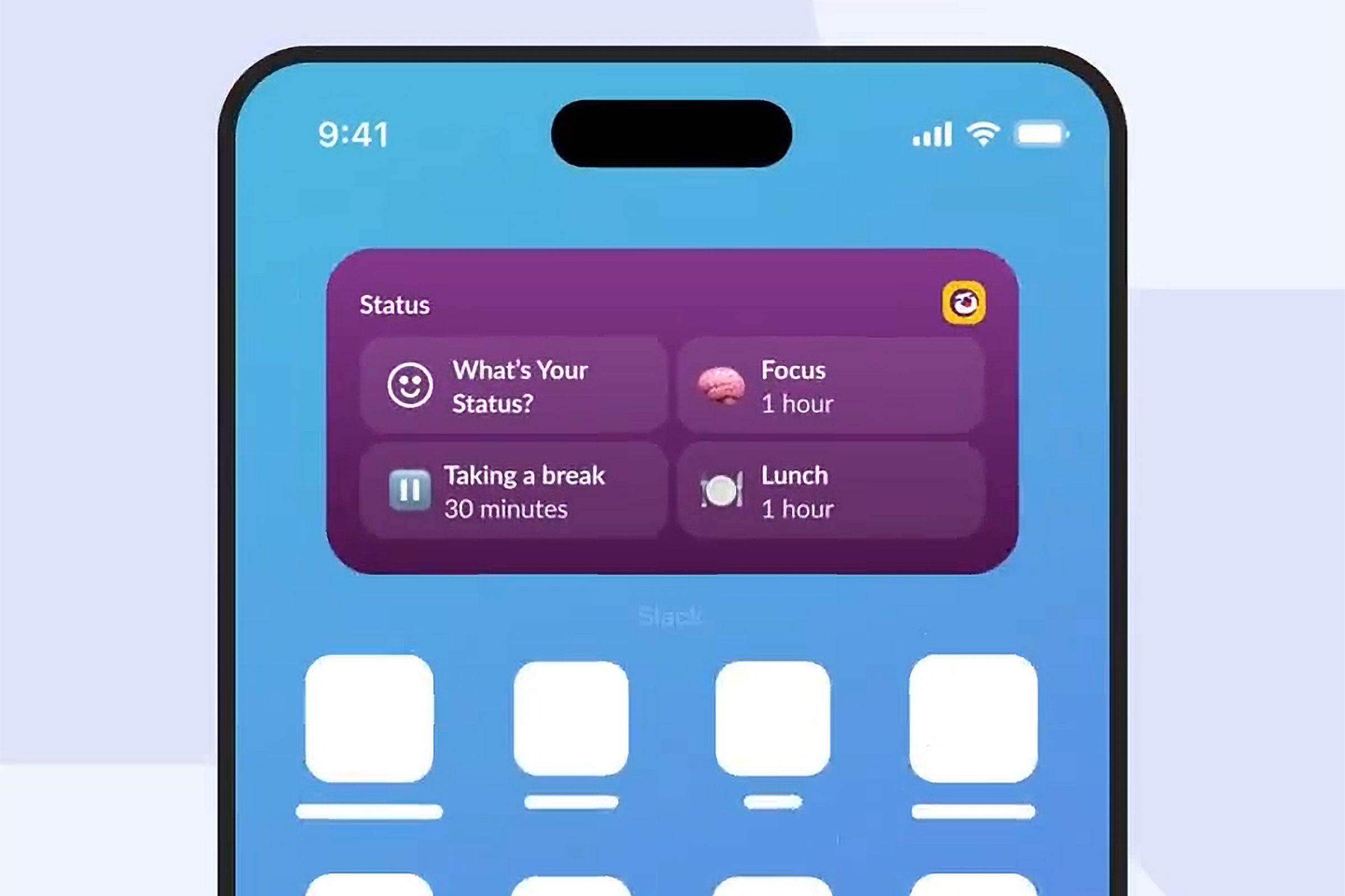 The new Slack Status update widget on a simulated iPhone screen.