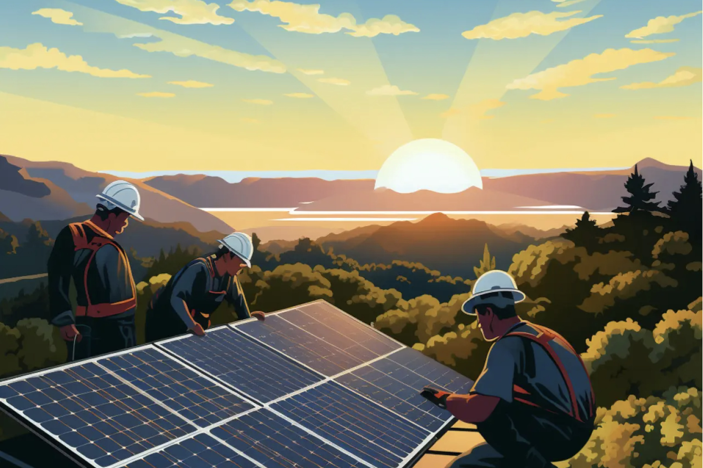 Artwork of apparent workers wearing hardhats around a solar panel and in front of a sunset.