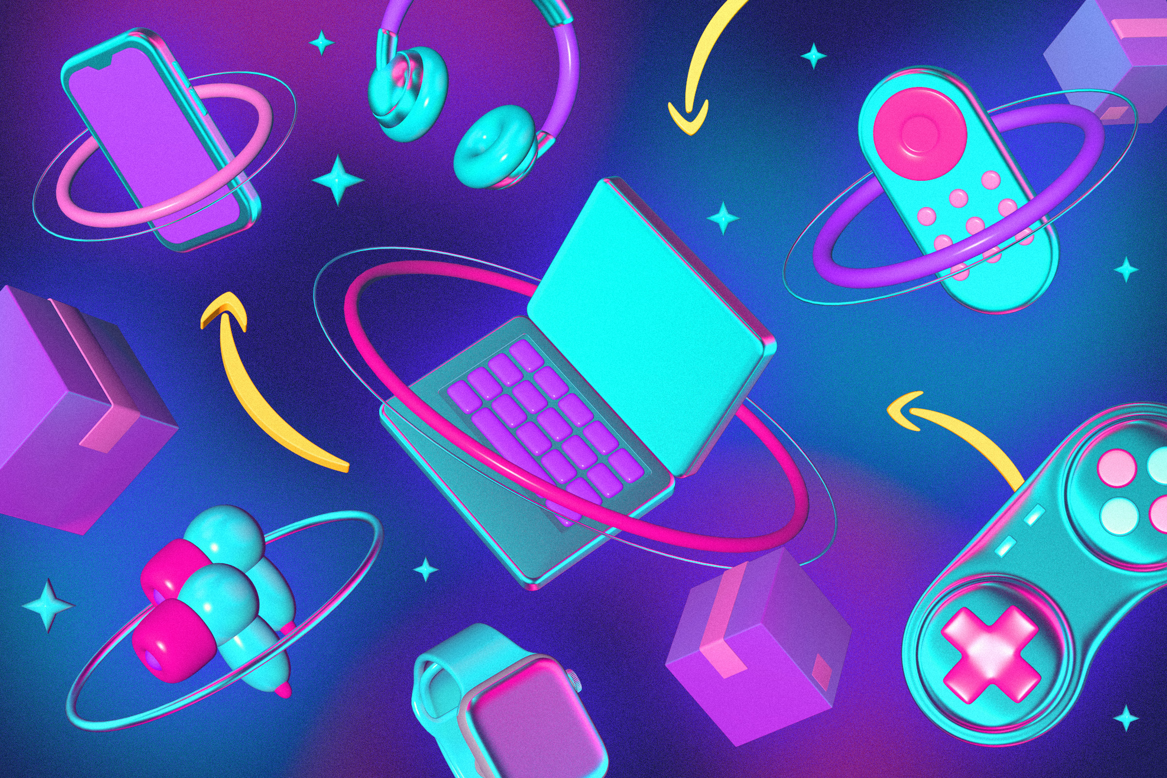 Illustration of a laptop and various other products floating in a starry sky, surrounded by Amazon arrows.