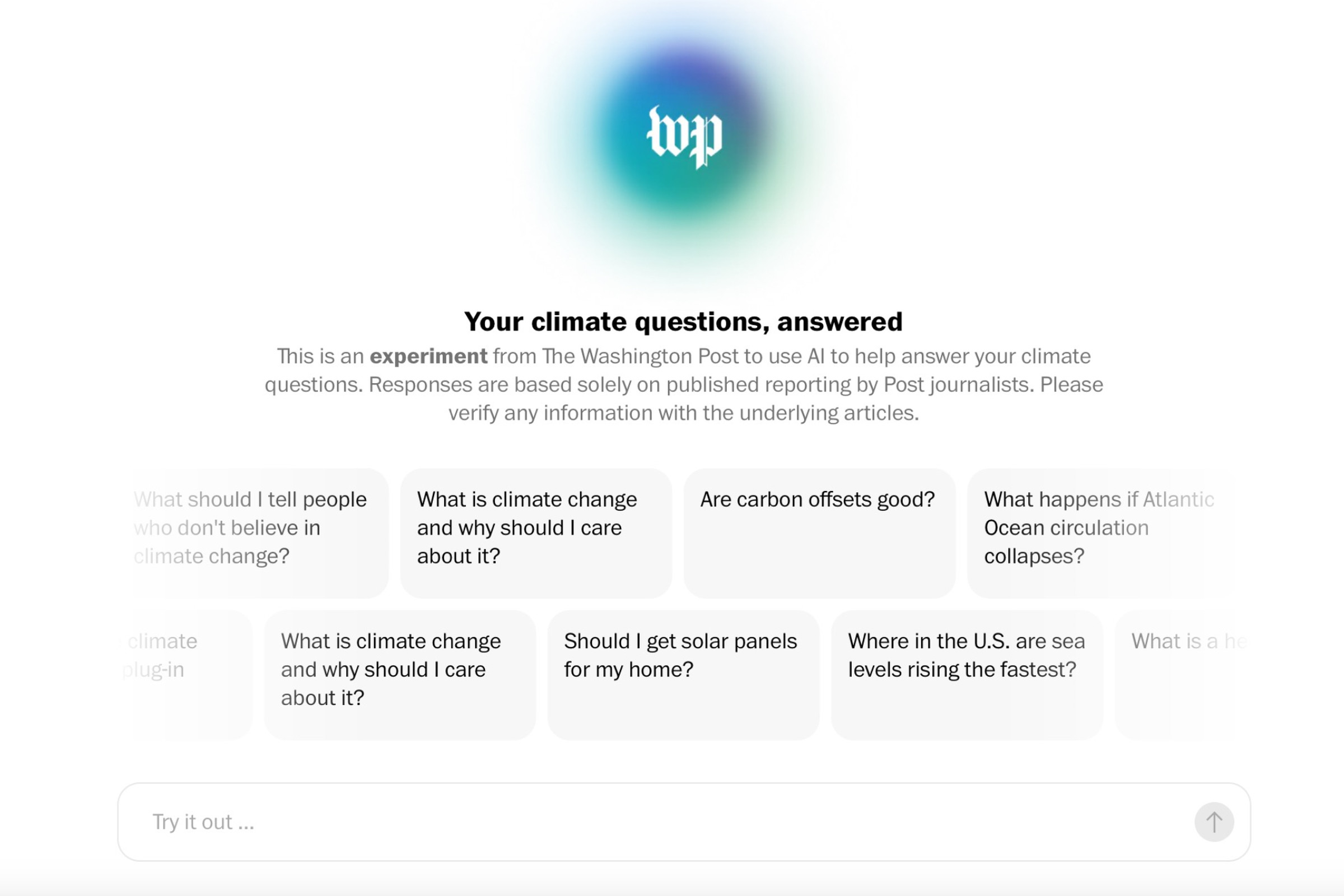 A screenshot of The Washington Post’s Climate Answers AI chatbot