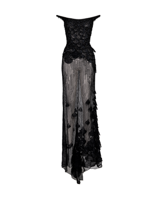 S/s 1999 Black Mesh Scallop Embellished Off-Shoulder Gown