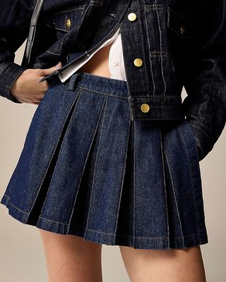 Pleated Denim Mini Skort in Rinse Wash