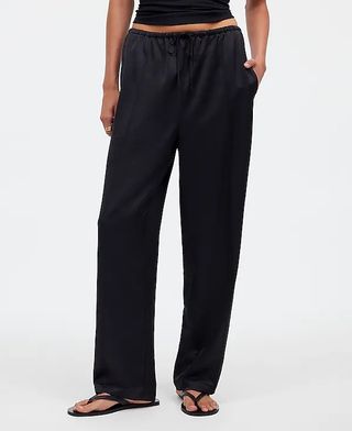 Pintucked Slim Pull-On Pants in Satin