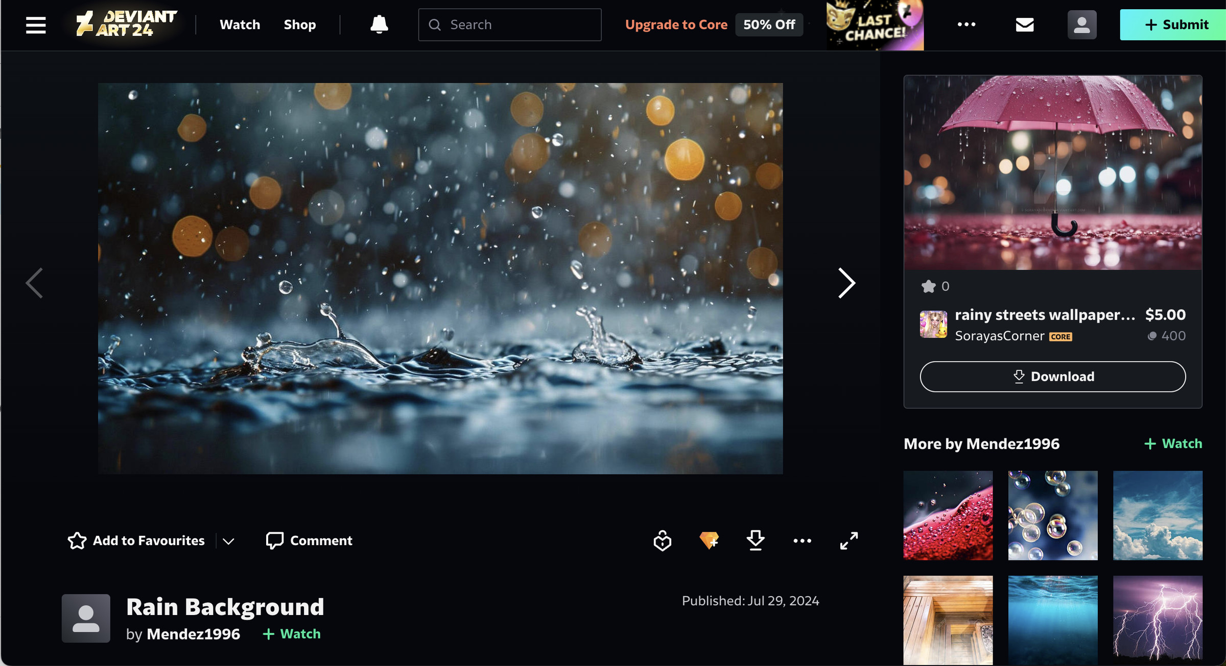 Photo gallery on DeviantArt featuring raindrops and other photos.