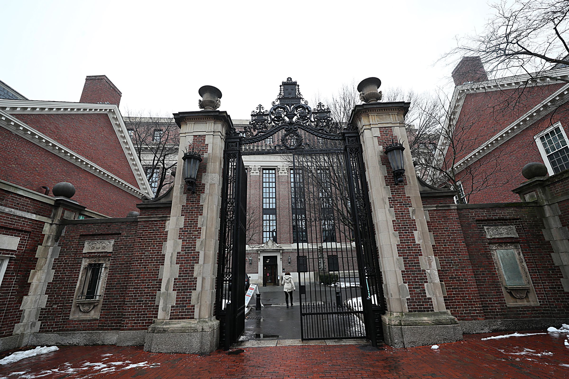 Large gates to the entrance of Harvard’s campus. The left side of the gate is open, and the other side is closed.