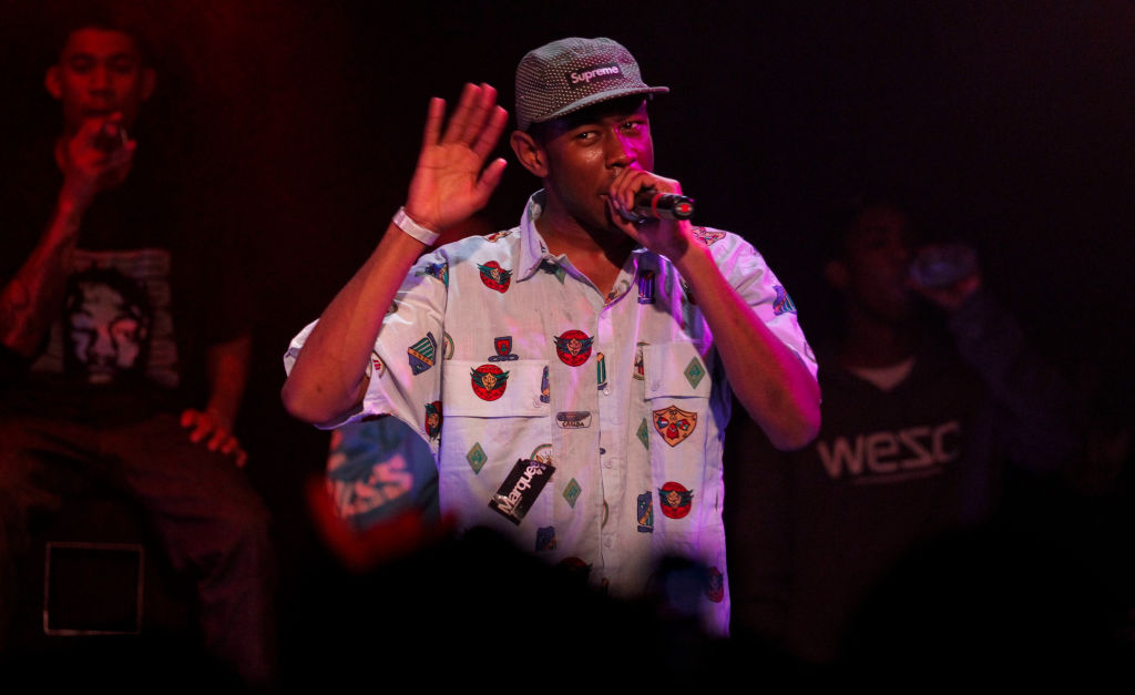 Tyler the Creator, entertains the crowd, as Odd Future Wolf Gang Kill Them All, a hip-hop collective of artists from Los Angeles, play Slim's nightclub, in San Francisco, Ca., on Tuesday Feb. 22, 2011. Made up of a bunch of teenagers they are notorious f