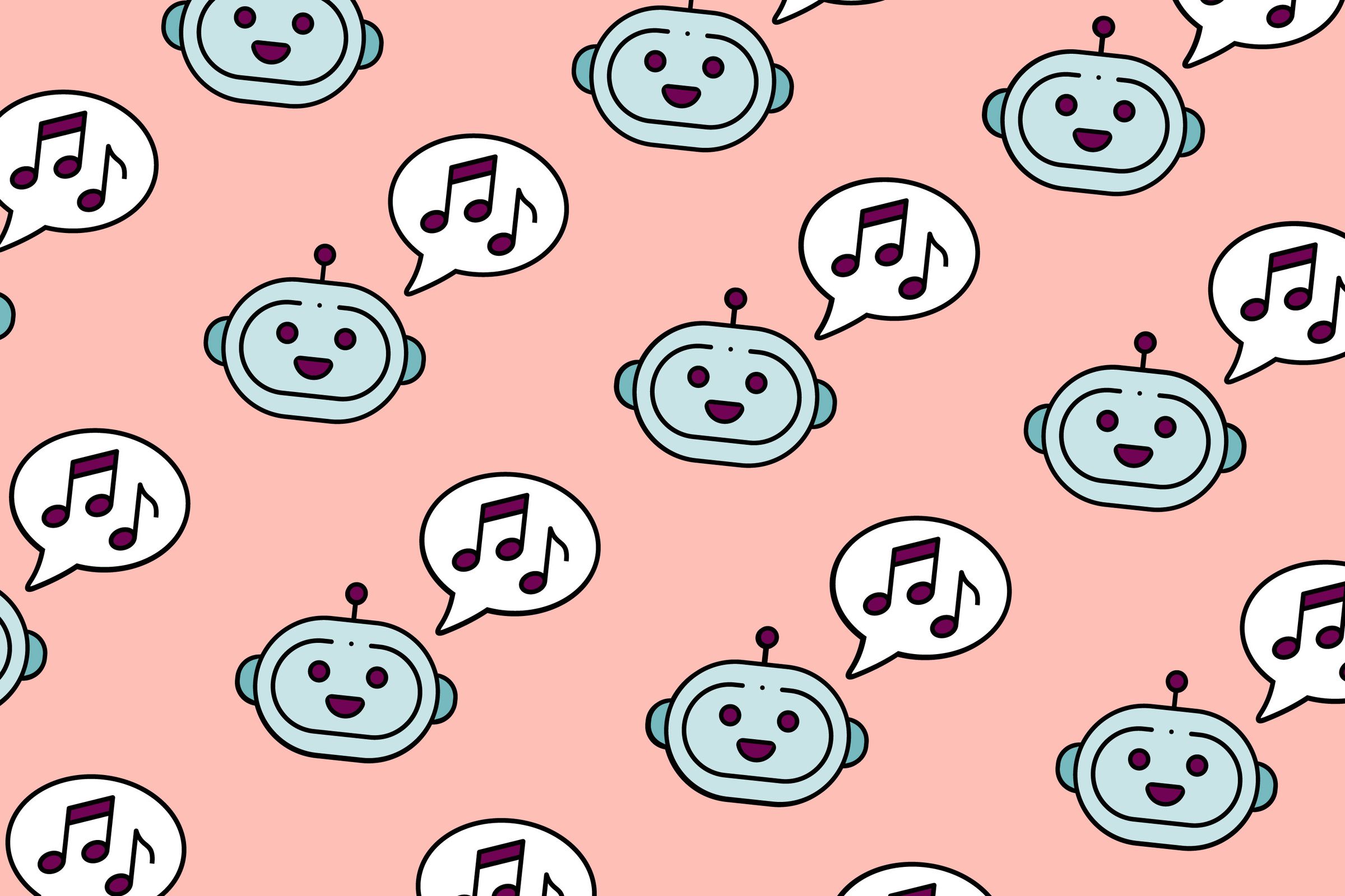 An image showing a slightly off-kilter grid of happy-looking robot faces with speech bubbles containing music notes.