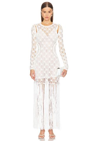 white crochet long-sleevr dress