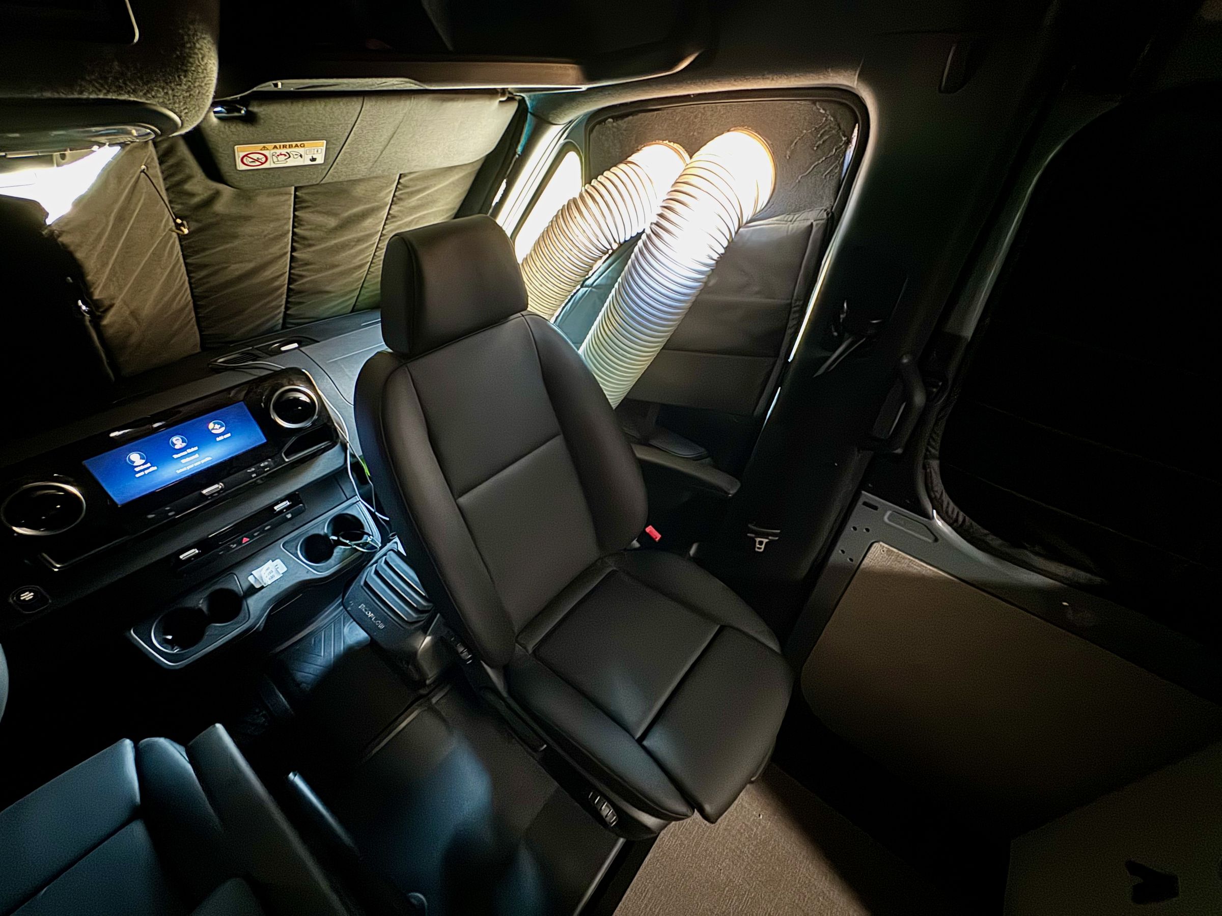 The Wave 2 barely fits on the floor in front of the Sprinter’s passenger seat. I cut a piece of foam for the window vents.