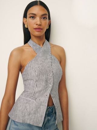 pinstripe linen crossover halter top