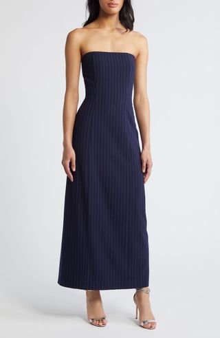 Dark Blue Pinstripe Strapless Maxi Dress