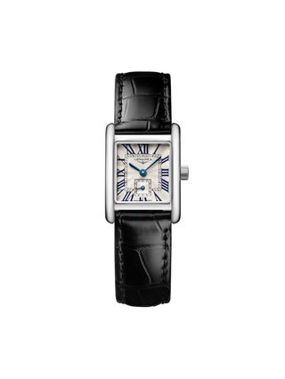 Longines silver rectangular watch with a black crocodile band