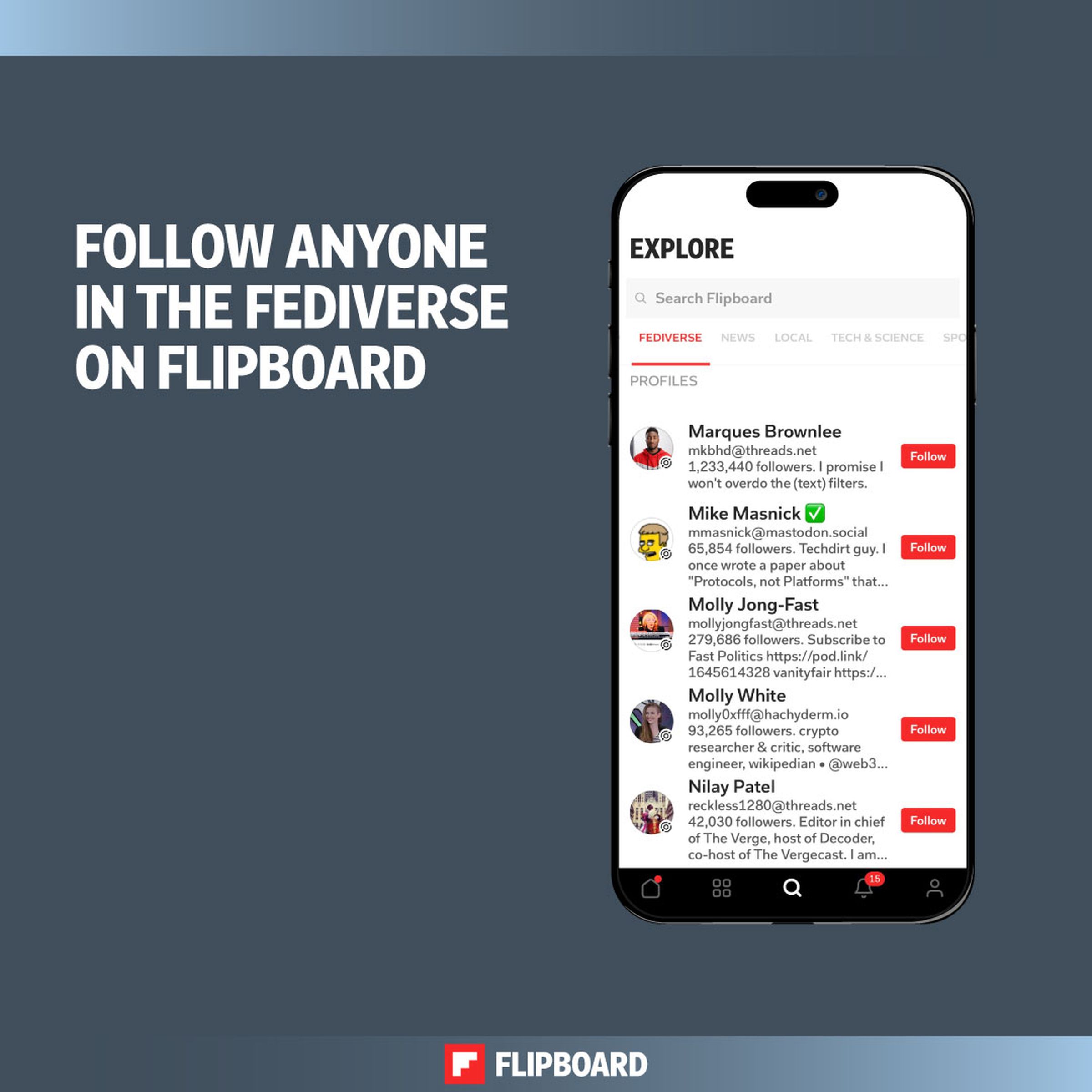 A promotional image for Flipboard showing how you can follow accounts from other platforms right inside the app.