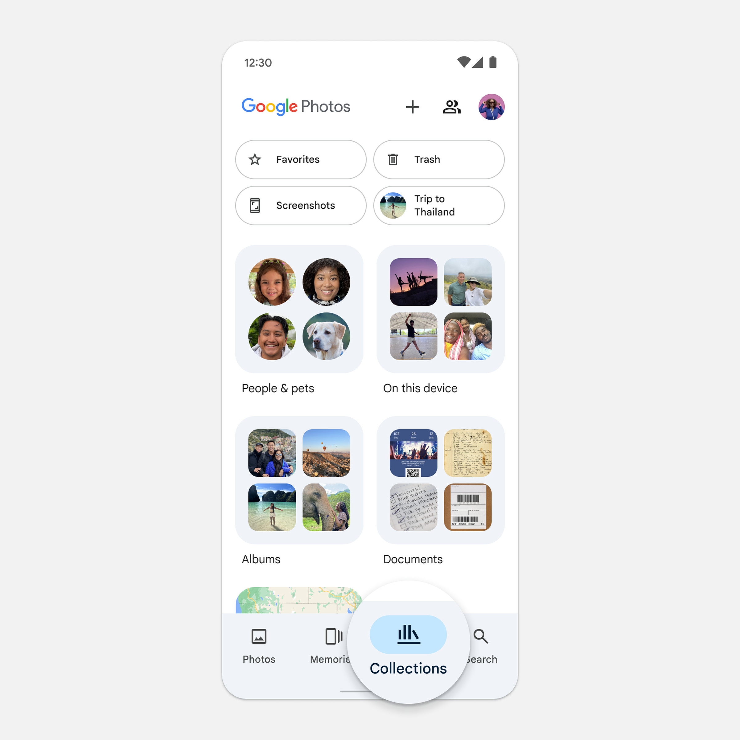 A screenshot taken of the new Collections tab in Google Photos.