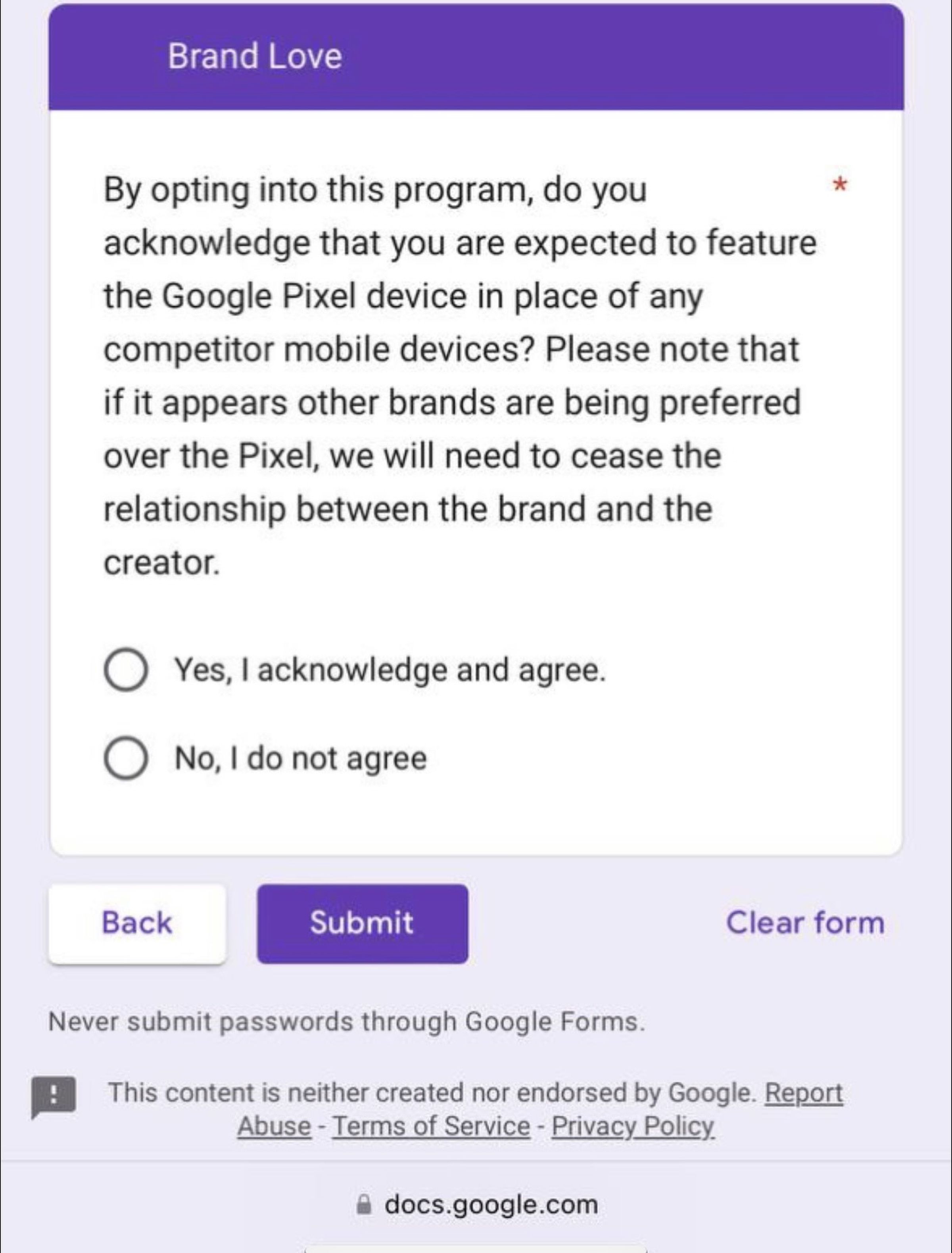 Screenshot of this year’s Team Pixel creator survey with new stipulation