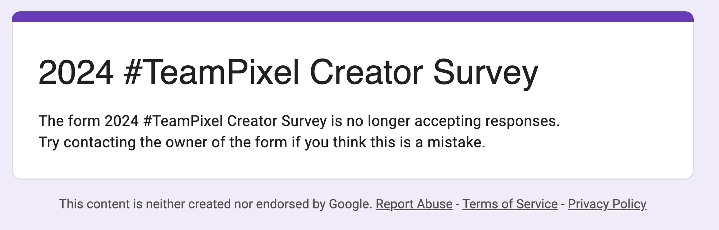 Screenshot of Team Pixel Creator Survey error