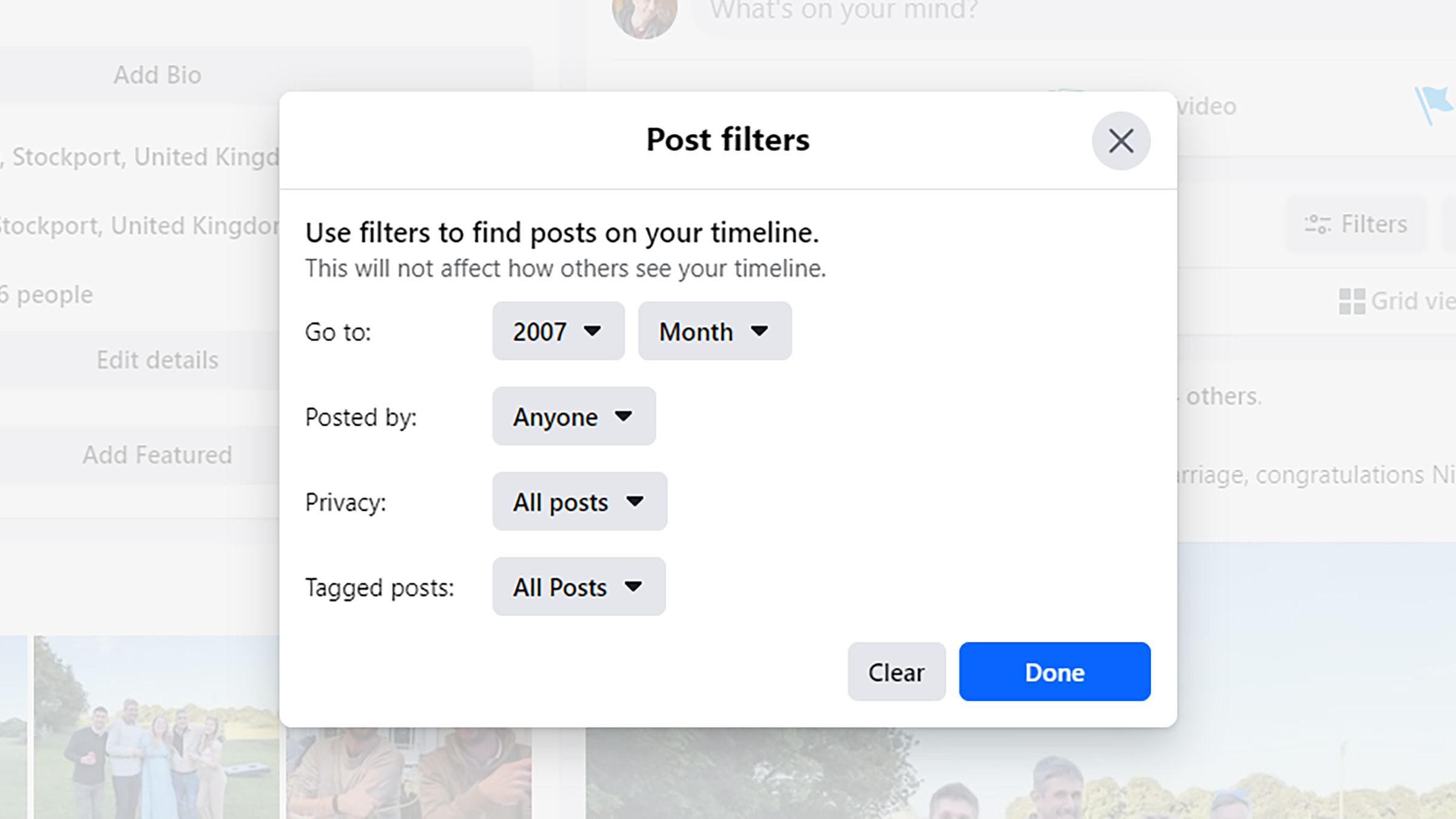 Pop-up in Facebook headed Post Filters with drop downs for year, month, posted by, privacy level, and tagged posts.