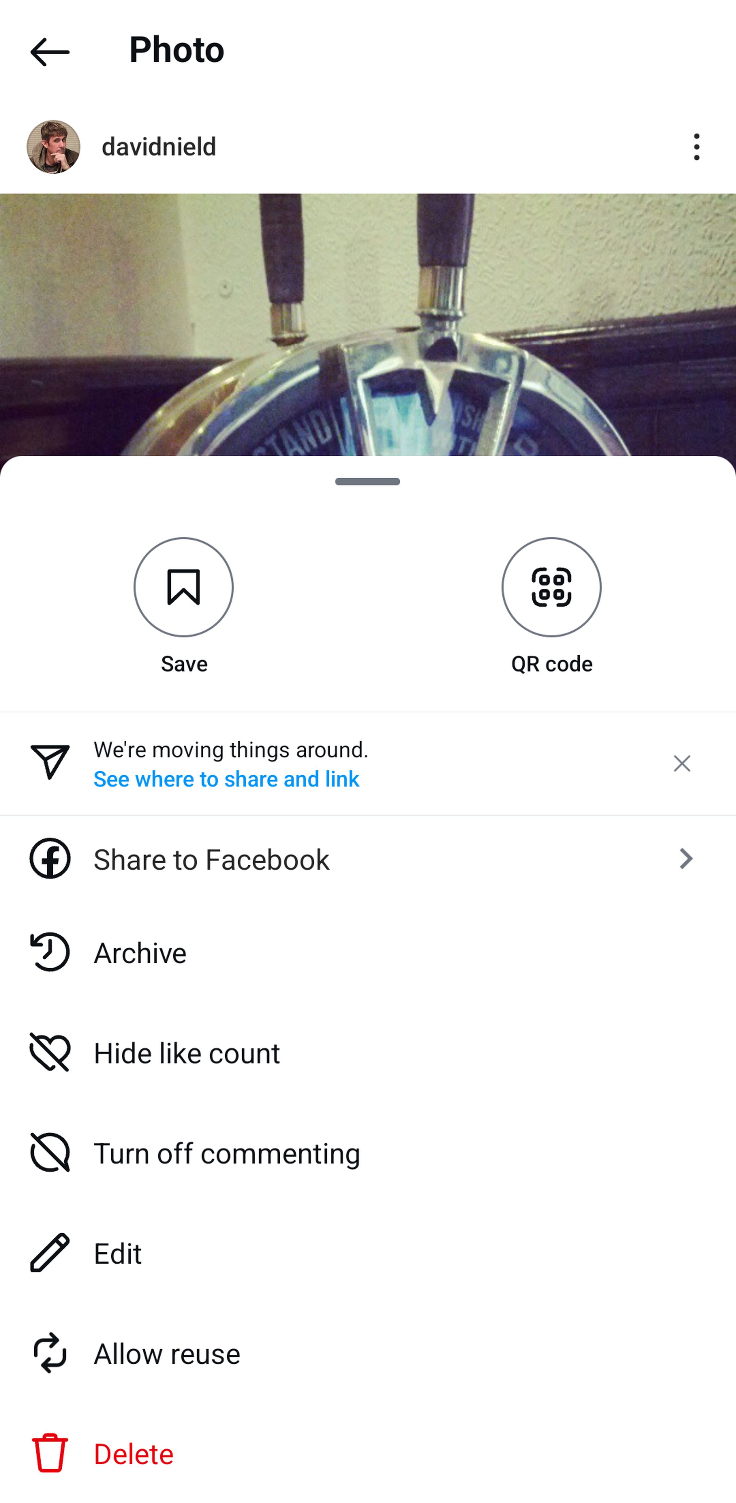 Instagram page with photo on top and list of options below, like Share to Facebook, Archive, Edit, and Delete.